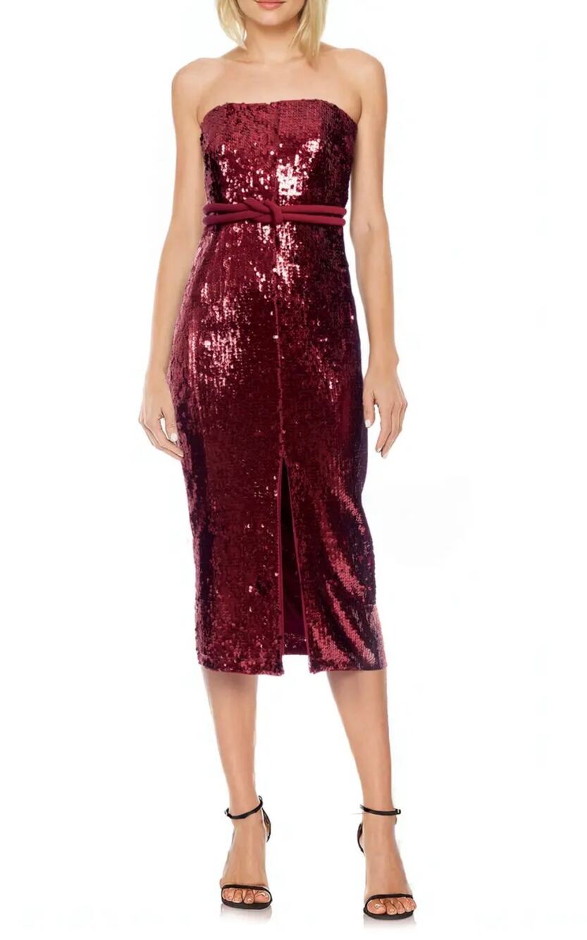 Badgley Mischka Red Cocktail Dress Sequined Strapless Belted Midi Sheath Size 16